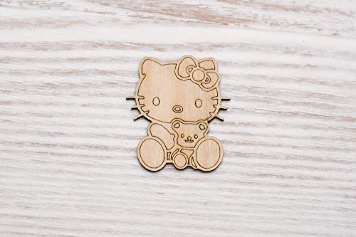 Juego de 10 cortes de madera de Hello Kitty de madera contrachapada, adornos de madera en forma de madera para manualidades, decoración sin pintar (EW0422), 7 cm