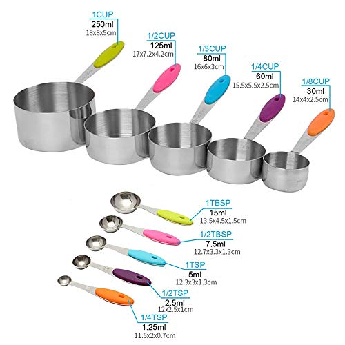 Juego de 10 piezas cucharas medidoras tazas medidoras para la asignación precisa de ingredientes secos y líquidos, Juego de cucharas tazas medidoras de acero inoxidable (Plata)