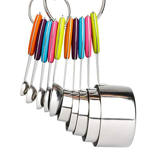 Juego de 10 piezas cucharas medidoras tazas medidoras para la asignación precisa de ingredientes secos y líquidos, Juego de cucharas tazas medidoras de acero inoxidable (Plata)