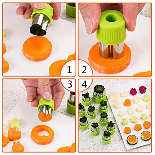 Juego de 12 Cortadores de Verduras para Niños, Cortador de Frutas de Acero Inoxidable, Cortador de Sándwich para Niños con 10 Palillos de Frutas, Cepillo y Palo de Madera