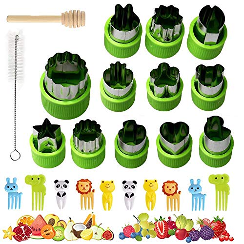 Juego de 12 Cortadores de Verduras para Niños, Cortador de Frutas de Acero Inoxidable, Cortador de Sándwich para Niños con 10 Palillos de Frutas, Cepillo y Palo de Madera