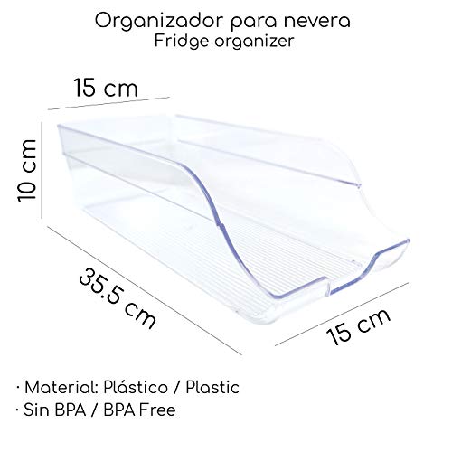 Juego de 2 Cajas de almacenaje para Nevera y congelador Organizador de latas para frigorífico 35,5x15x10cm Organizador nevera transparente Envases de plástico para Alimentos Fabricado en España