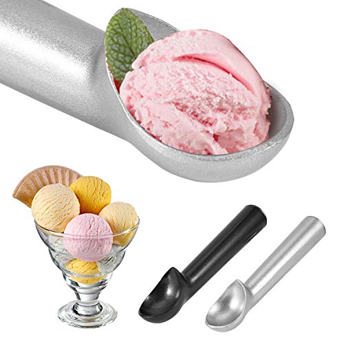 Juego de 2 cucharadas de helado de acero inoxidable clásico antiadherente para puré de patatas, mango anticongelante, pala ergonómica para helado para helado duro, uso profesional y doméstico