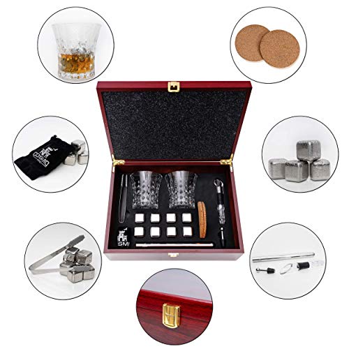 Juego de 2 Vasos de Whisky en Caja de Madera y Enfriador de Vino Tinto con Tapón Aireador para Enfriar Bebidas sin Dilución – Regalos de Cumpleaños para Hombres, Regalo para Ella, Gin o Vino Amante