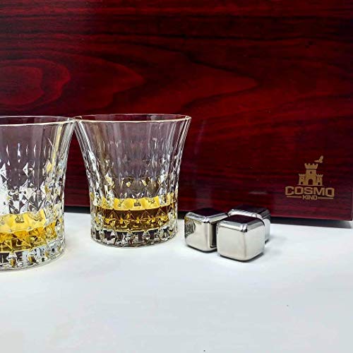 Juego de 2 Vasos de Whisky en Caja de Madera y Enfriador de Vino Tinto con Tapón Aireador para Enfriar Bebidas sin Dilución – Regalos de Cumpleaños para Hombres, Regalo para Ella, Gin o Vino Amante