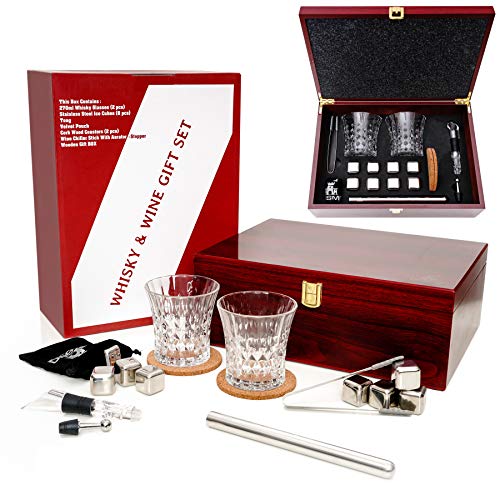 Juego de 2 Vasos de Whisky en Caja de Madera y Enfriador de Vino Tinto con Tapón Aireador para Enfriar Bebidas sin Dilución – Regalos de Cumpleaños para Hombres, Regalo para Ella, Gin o Vino Amante