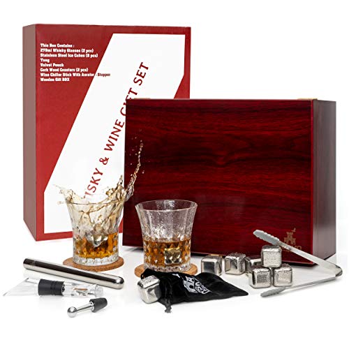 Juego de 2 Vasos de Whisky en Caja de Madera y Enfriador de Vino Tinto con Tapón Aireador para Enfriar Bebidas sin Dilución – Regalos de Cumpleaños para Hombres, Regalo para Ella, Gin o Vino Amante