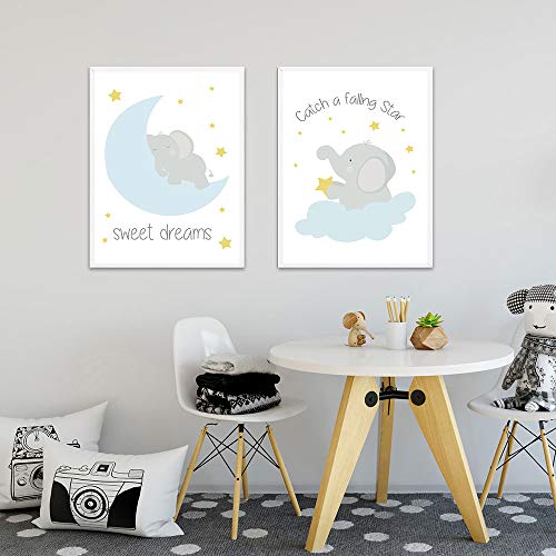 Juego de 3 Cuadros 21x30 Infantiles Niño Animales Pósteres Elefante Láminas Impresión en Lienzo Decoración Habitación Bebé pared Regalo Sin Marco NPTWC002-S