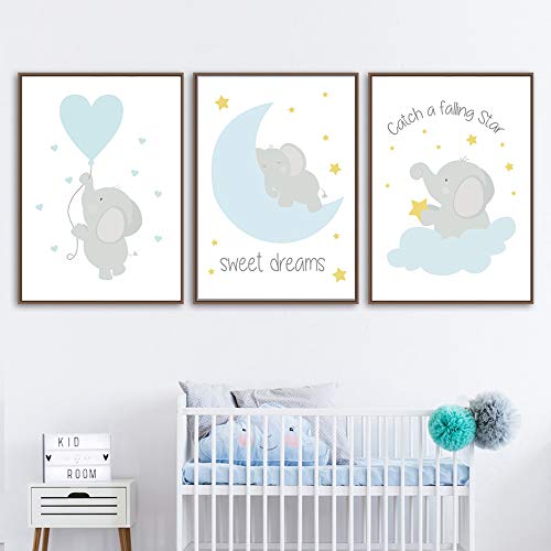 Juego de 3 Cuadros 21x30 Infantiles Niño Animales Pósteres Elefante Láminas Impresión en Lienzo Decoración Habitación Bebé pared Regalo Sin Marco NPTWC002-S