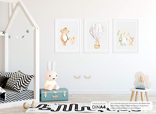 Juego de 3 imágenes de pared para bebé y habitación de los niños, póster, impresión artística DIN A4, sin marco y decoración (niño/niña) W13 Freunde & Heißluftballon Talla:DIN A4 (21 x 29,7 cm)