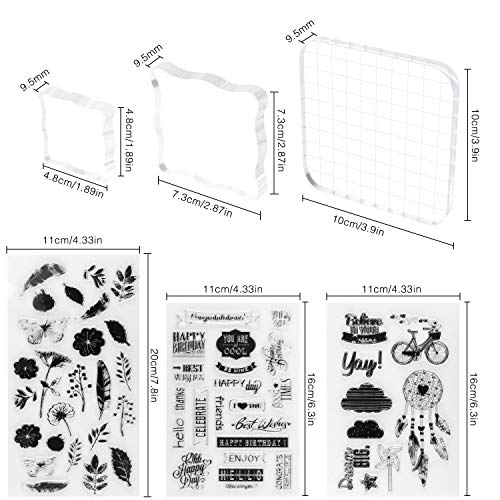 Juego de 3 sellos de acrílico transparente de Meetory con 3 hojas de sellos de silicona para álbumes de recortes, manualidades, decoración de tarjetas, varios tamaños