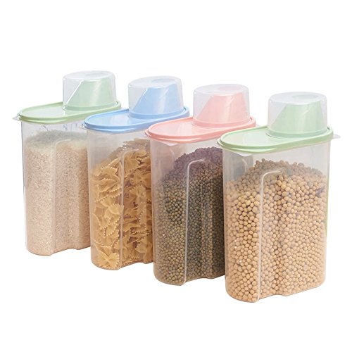 Juego de 4 recipientes de plástico para almacenamiento de alimentos en la cocina, cereales, tamaño grande de 2,5 litros, transparentes