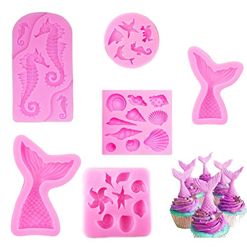 Juego de 6 moldes de silicona para tartas de caramelos, reutilizables, molde de concha de mar y cola de sirena, molde de chocolate, molde de silicona Hippocampus