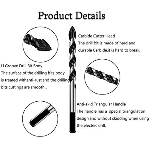 Juego de brocas con punta de carburo de tungsteno，apto para vidrio,azulejos de cerámica,madera,cerámica,piedra,hormigón, ladrillo, 3,4,5,6,6, 8,8,10, 10 y 12 mm（7 tamaños diferentes）