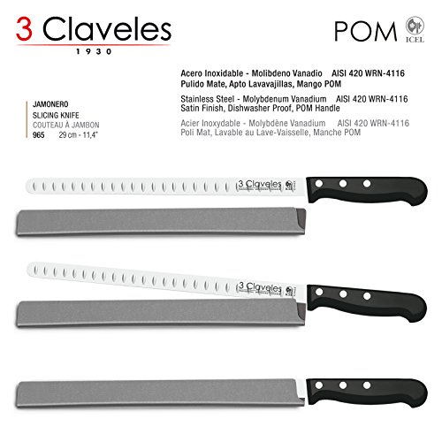 Juego de Cuchillos Profesionales 3 Claveles Selección Master Chef, Jamonero Alveolado 29 cm, Deshuesador 15 cm y Funda Protectora