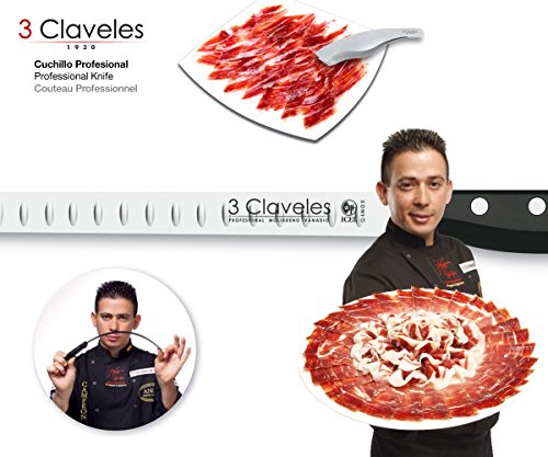 Juego de Cuchillos Profesionales 3 Claveles Selección Master Chef, Jamonero Alveolado 29 cm, Deshuesador 15 cm y Funda Protectora