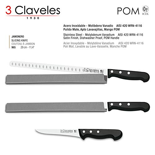 Juego de Cuchillos Profesionales 3 Claveles Selección Master Chef, Jamonero Alveolado 29 cm, Deshuesador 15 cm y Funda Protectora