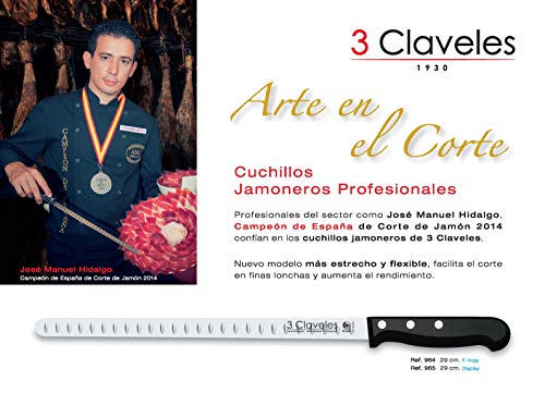 Juego de Cuchillos Profesionales 3 Claveles Selección Master Chef, Jamonero Alveolado 29 cm, Deshuesador 15 cm y Funda Protectora