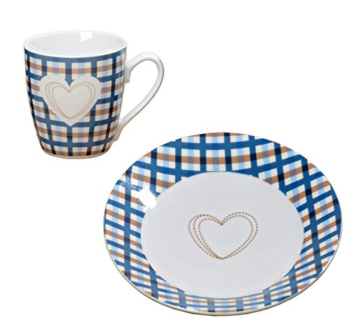  – Juego de Desayuno Jumbo Taza y Platos de Postre Susan Azul Cuadrícula con corazón