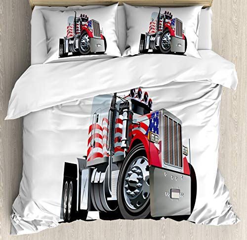 Juego de funda nórdica para camión, vehículo industrial de transporte patriótico de 18 ruedas con temática de bandera estadounidense, juego de cama decorativo de 3 piezas con 2 fundas de almohada, bla