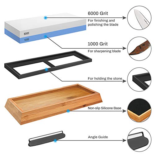 Juego de Piedras para Afilar Cuchillos, Achort Juego de Afilado de Primera Calidad, Piedras de Agua de Grano 1000 6000, Base de Bambú Antideslizante y guía en ángulo para Cuchillo
