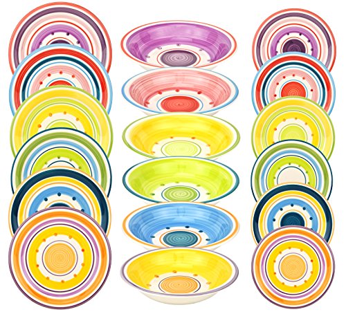 Juego de platos Cefalú de 18 piezas para 6 personas de estilo mediterráneo multicolor – 6 platos llanos, 6 platos hondos, 6 platos de postre