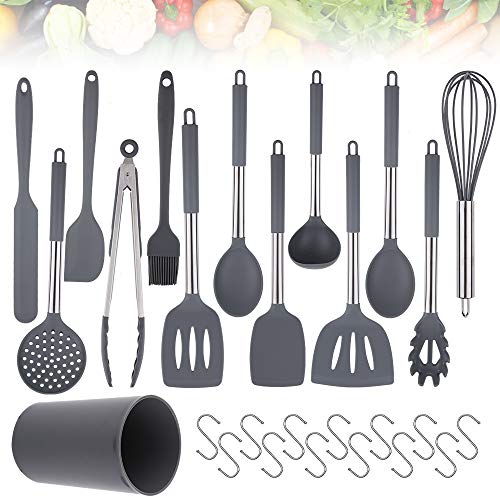 Juego de Utensilios de Cocina de Silicona 27 Piezas Kit Utensilios Antiadherentes Resistentes al Calor Herramientas Cuchara sin BPA para Hornear en la Cocina 14 Juegos y 13 Ganchos S (Gris)