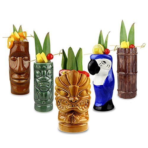 Juego de vasos de cóctel de cerámica tropical, para fiestas tiki, 5 unidades