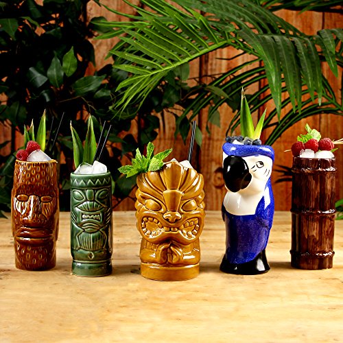Juego de vasos de cóctel de cerámica tropical, para fiestas tiki, 5 unidades