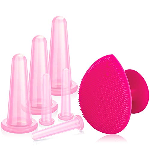 Juego de Ventosas Faciales Masaje Ahuecamiento de Cara y Ojos, Set de Ventosas Faciales Tazas de Silicona con Cepillo Exfoliante para Cara Cuello Piel (Pequeño Mediano, Rosa)