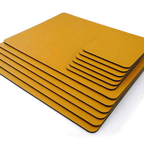 Juegos de 8 manteles individuales de cuero reciclado amarillo mostaza (28 cm x 21 cm) y 8 posavasos de cuero reciclado. Hecho en el Reino Unido por Lara-May.