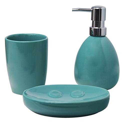 Juego/Set de Baño 3 Piezas en Cerámica, Color Turquesa, Diseño Moderno/Elegante. Vaso, Dispensador y Bandeja de baño -Hogarymas