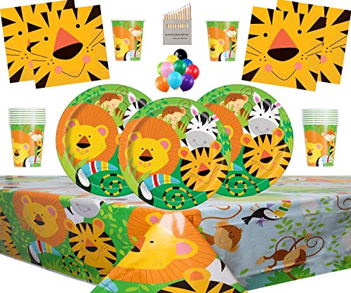 Jungle Animal Party Supplies Platos de Fiesta de cumpleaños para niños Tazas Servilletas Manteles Globos Gratis y lápices de Colores Surtidos Sirve 16 Invitados