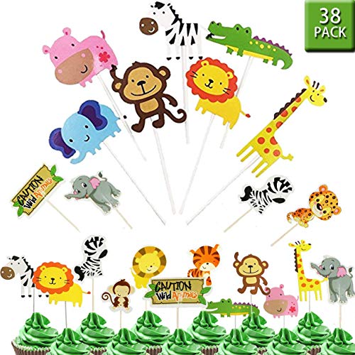 Jungle Safari Animal Cupcake Toppers Picks – 38pcs Zoo Animales Cake Decoraciones Comida Picks Animal Temática Fiesta Suministros Niños Cumpleaños, Baby Shower, Animal Theme Party Decoraciones