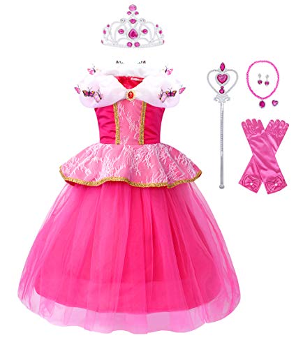 Jurebecia Disfraz Princesa Niña Princesa Aurora Costumes Falda de Tul Halloween Fiesta Cumpleaños Princesa Vestidos Navidad Ceremonia Aniversario Cosplay Costume Rosa 7-8 Años B013