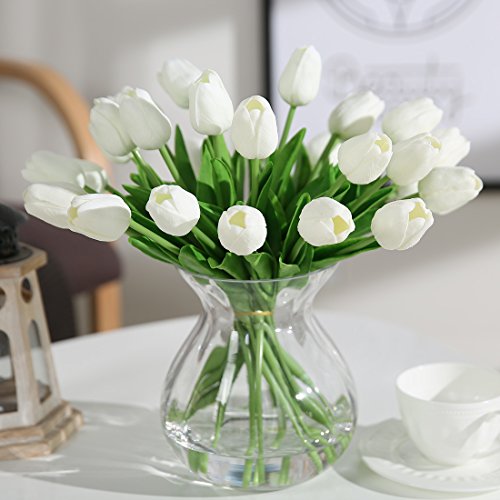 JUSTOYOU El tulipán Tiene un Toque Real, 33 cm de Largo, Flores Artificiales Decorativas para Ramos de Boda, hogar, Hotel, jardín, Evento navideño, Blanco, 20 por Paquete.