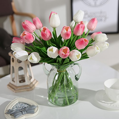 JUSTOYOU El tulipán Tiene un Toque Real, 33 cm de Largo, Flores Artificiales Decorativas para Ramos de Boda, hogar, Hotel, jardín, Evento navideño, Blanco, 20 por Paquete.