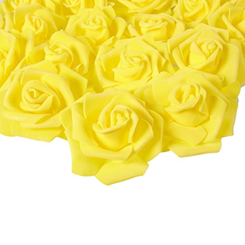 Juvale Rose Flores Cabezales – 100 unidades rosas artificiales, perfecto para decoración de bodas, baby showers, manualidades – amarillo, 3 x 1,25 x 3 pulgadas