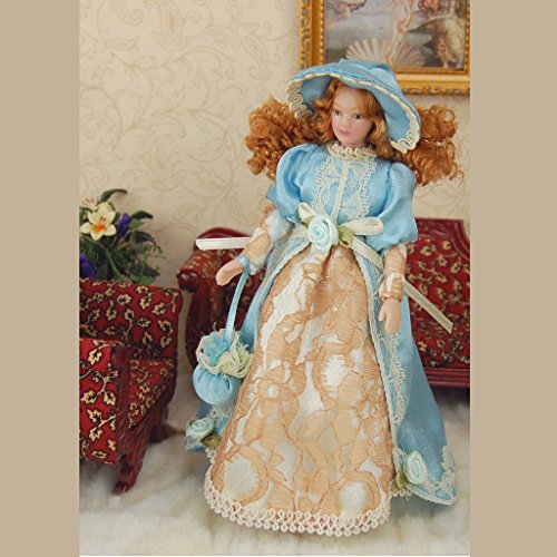 JVSISM Munecas Lindas de Porcelana Miniatura de casa de munecas Soporte del Sombrero Senora Victoriana en Vestido Munecas Clasicas Juego de aparentar