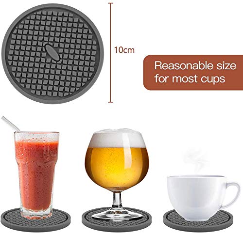 JYKJ Posavasos de Silicona Set de 6 in Holder - Protege los Muebles de Las Marcas de Agua y daños, Posavasos con Fondo ranurado Profundo y Antideslizante para Taza de café (Gris)