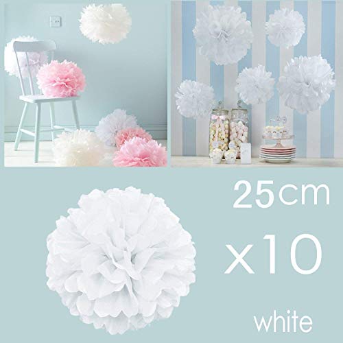 JZK 10 x Blanco pompones de papel 25 cm decoracion flores pom pom para boda cumpleaños fiesta comunión bautismo graduado de nacimiento de Halloween Navidad pon pon pompon