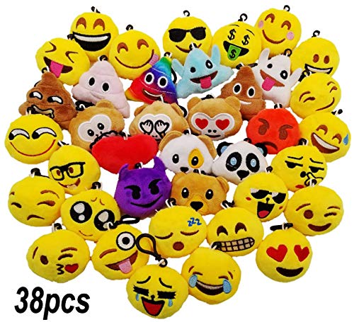 JZK 38pcs Mini Juguete de Peluche, Emoji Llavero emoticonos llaveros emoción para niños y Adulto Regalo Fiesta de cumpleaños Navidad favores Rellenos Bolso Partido Decoraciones