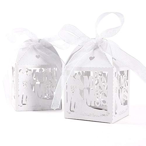 JZK® 50 x Blanco cajas favorece dulces bombones dulces confeti decoraciones para boda compromiso cumpleaños fiesta bodas banquete bodas (los novios A)