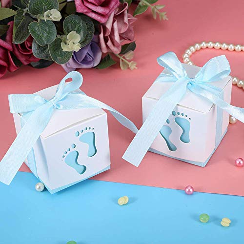 JZK 50 x Huella Azul Cajas Papel Baby Shower Cajas de Favor para niño Baby Shower niño cumpleaños Fiesta Bautizo Bautismo recién Nacido