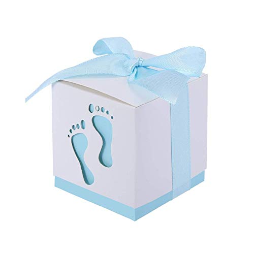 JZK 50 x Huella Azul Cajas Papel Baby Shower Cajas de Favor para niño Baby Shower niño cumpleaños Fiesta Bautizo Bautismo recién Nacido