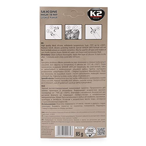 K2  de Alta Temperatura de Silicona, Masilla, dichtsi LIKON, hochtemperaturbeständig hasta + 350   °C, Negro, 85  g Tube