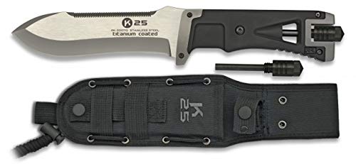 K25 Cuchillo TAC Negro con pedernal 14 para Caza, Pesca, Camping, Outdoor, Supervivencia y Bushcraft K25 32070 + Portabotellas de regalo