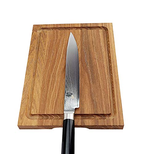 Kai Shun DM-0704 - Cuchillo jamonero ultra afilado, hoja de 23 cm de acero de Damasco de 32 capas, incluye tabla de cortar de madera de roble maciza de 30 x 22 cm