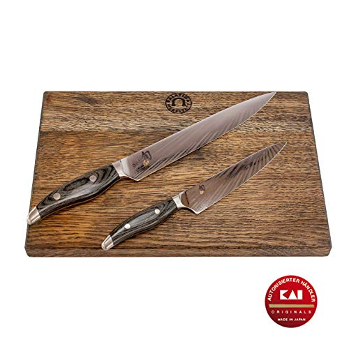 Kai Shun Nagare - Juego de 2 cuchillos japoneses de damasco NDC-0701 (cuchillo multiusos) + NDC-0704 (cuchillo jamonero / cuchillo de carne) + tabla de cortar XL hecha a mano (roble) 35 x 25 cm