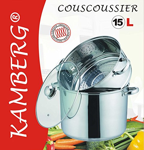 Kamberg - 0008074 - Cuscusera / Al vapor / Olla - 3 en 1 - 30 cm - 15 Litros - Acero Inoxidable Alta Calidad - Tapa de Vidrio - Todos los incendios, incluida la inducción